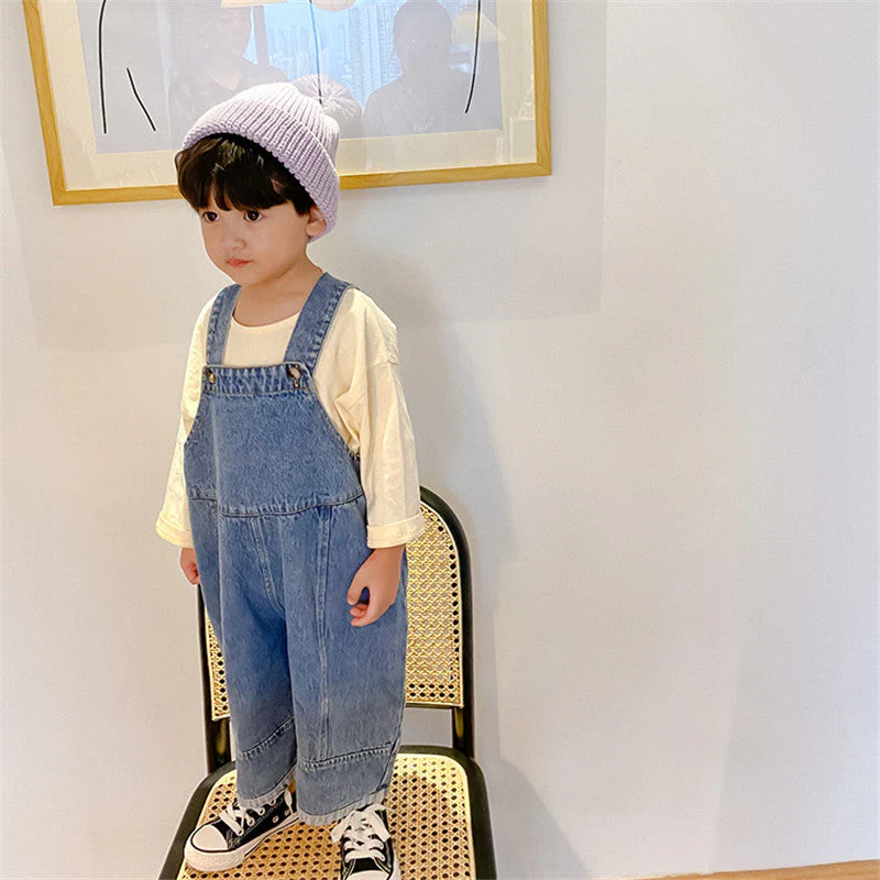 deanwangkt  New Children Loose Overalls boys girls casual all-match denim Trousers Autumn Solid Outwear 1-7Y Kids fashion bib pants - Deanwangkt