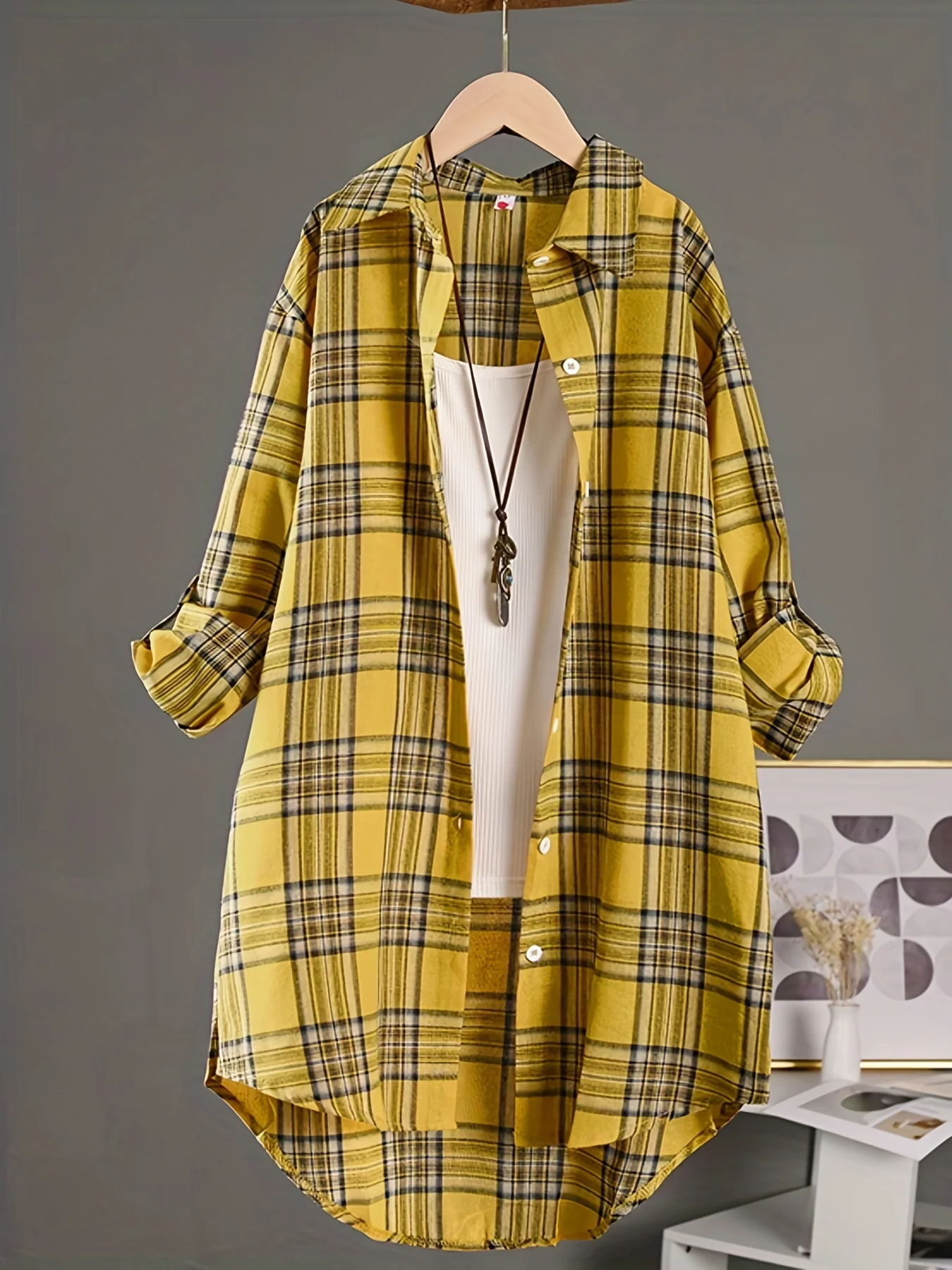 Plaid Print Polo Collar Shirt, Casual Long Sleeve Shirt For Spring & Fall, Women's Clothing - Deanwangkt