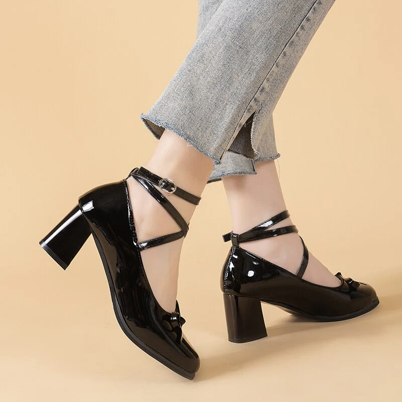 deanwangkt Black Retro Cross-Tie Pumps Casual  Summer Marry Janes Round Toe Shoes Ladies Lolita Sweet Fashion Shoes Woman Bow Design - Deanwangkt