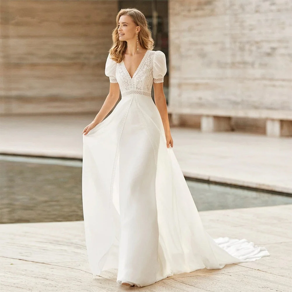 Vintage Wedding Dresses Bohemian Straight V-Neck Short Sleeves Chiffon Lace A-Line Court train Bridal Gowns - Deanwangkt