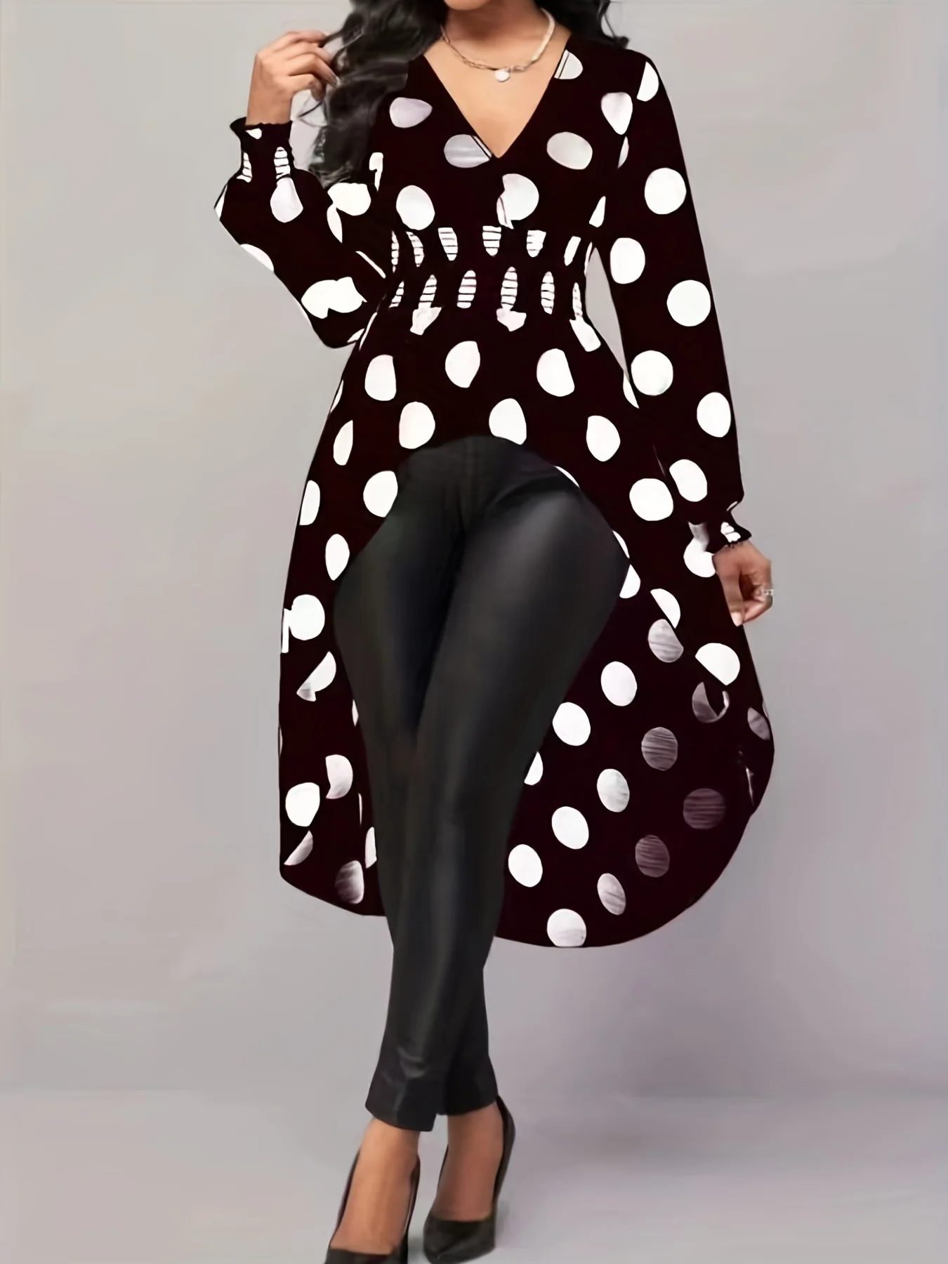 Asymmetrical Polka Dot Blouse, Long Sleeve V-neck Blouse, Casual Every Day Tops, Women's Clothing - Deanwangkt