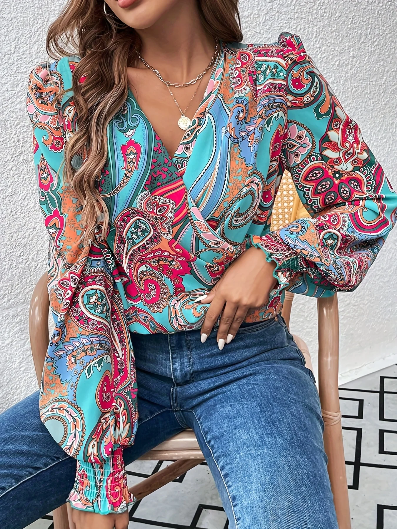 deanwangkt Paisley Print V Neck Blouse, Boho Shirred Lantern Long Sleeve Blouse, Women's Clothing - Deanwangkt