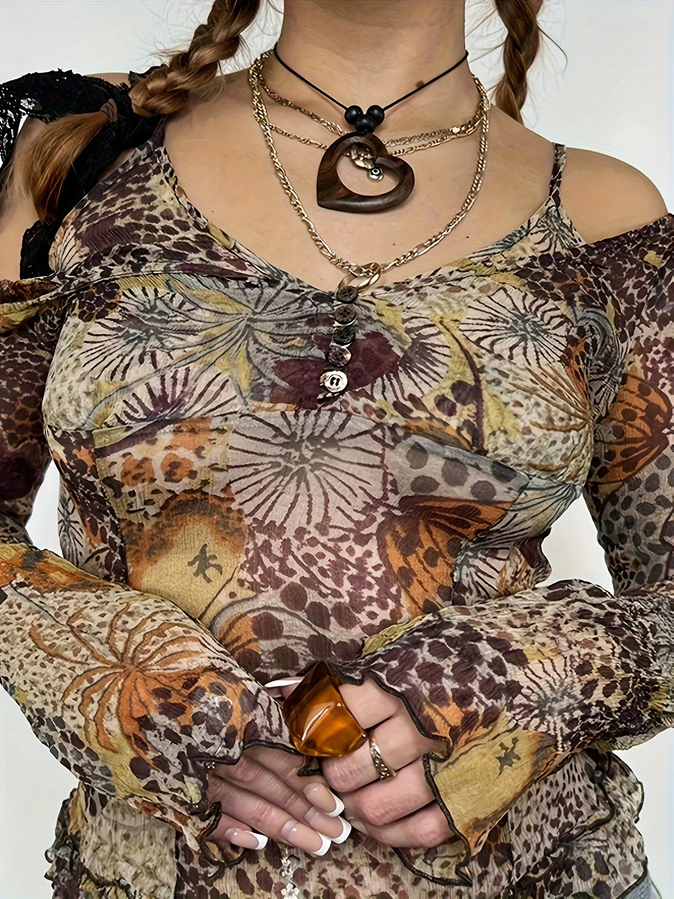 deanwangkt-1 Allover Print Cold Shoulder T-Shirt, Y2K Long Sleeve T-Shirt For Spring & Fall, Women's Clothing - Deanwangkt