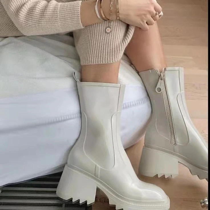 DEANWANGKT  New Square Toe Rain Boots For Women Chunky Heel Thick Sole Ankle Boots Designer Chelsea Boots Ladies Rubber Boot Rain Shoes - Deanwangkt