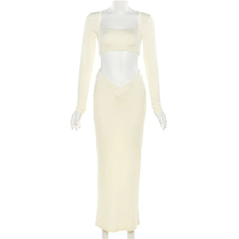 BACK TO COLLEGE    Fashion Women's 2 Piece Set Square Collar Long Sleeve Cropped T-shirt Low Waist Skirts Night Club Outfit Party Dress Suit Black - Deanwangkt