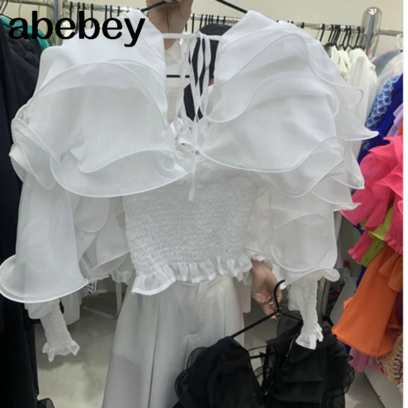 deanwangkt Slim Solid Patchwork Ruffles Lace Up Blouses For Women Deep V Neck Loose Long Sleeve Female  Spring New - Deanwangkt