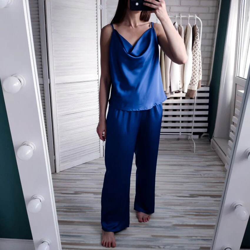 deanwangkt Blue Sleeveless Sexy Pyjamas For Women Sleepwear Satin Two Piece Set Elastic Waist Flare Pants Home Suit Sets Spring - Deanwangkt