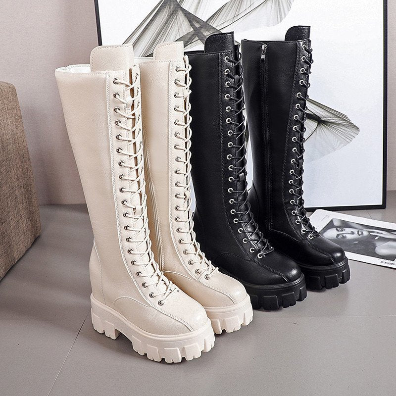 DEANWANGKT Women's Boots High Top  Chunky Platform Pu Over-the-Knee High Boots Women Retro Punk Increasing Long Shoes Woman Shoes - Deanwangkt