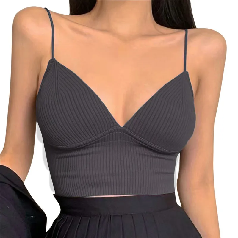deanwangkt Women Stripe Tube Top Sexy Knitted V-Neck Camisole Bralette Sleeveless Spaghetti Vest Summer Basic Short Tank Tops With Bra Pad - Deanwangkt