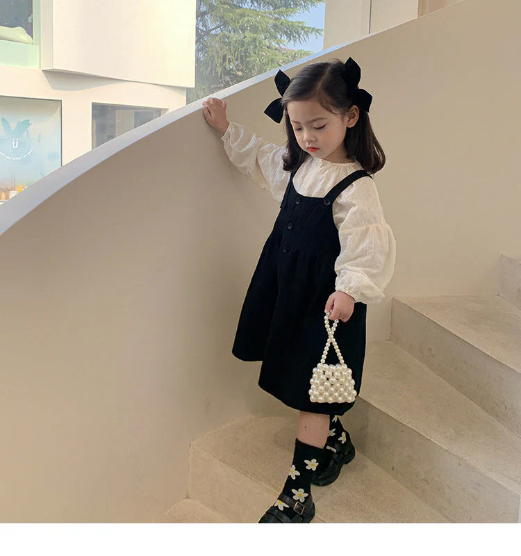 deanwangkt Girls spring fashion white blouse and black overalls dress Kids all-match Outfits 2pcs sets - Deanwangkt