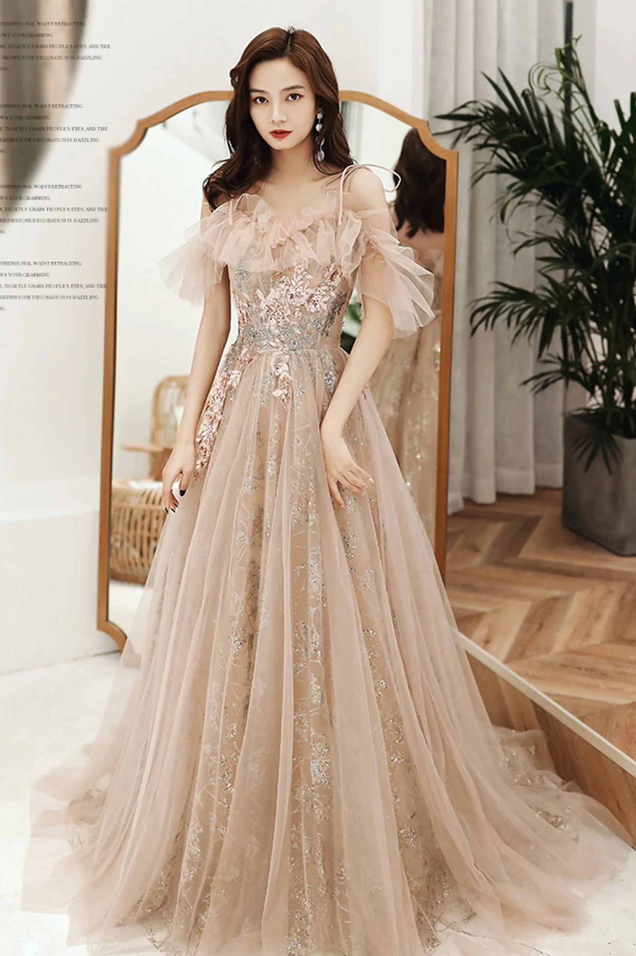 solvbao Champagne Tulle Sequins Long Formal Party Dresses, Off the Shoulder Prom Dresses - Deanwangkt