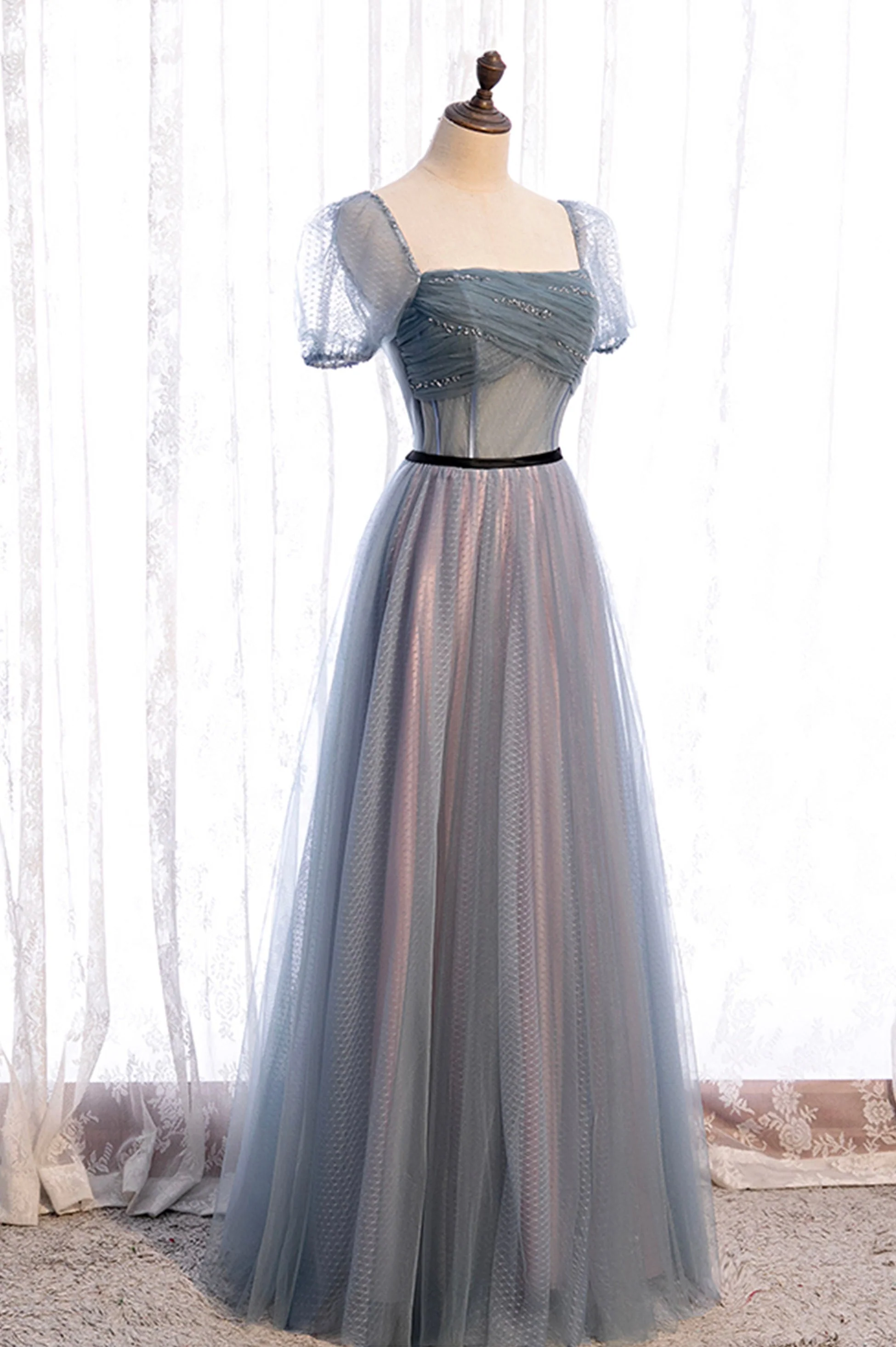 solvbao Gray Blue Tulle Long A-Line Prom Dress, Cute Short Sleeve Evening Dress - Deanwangkt