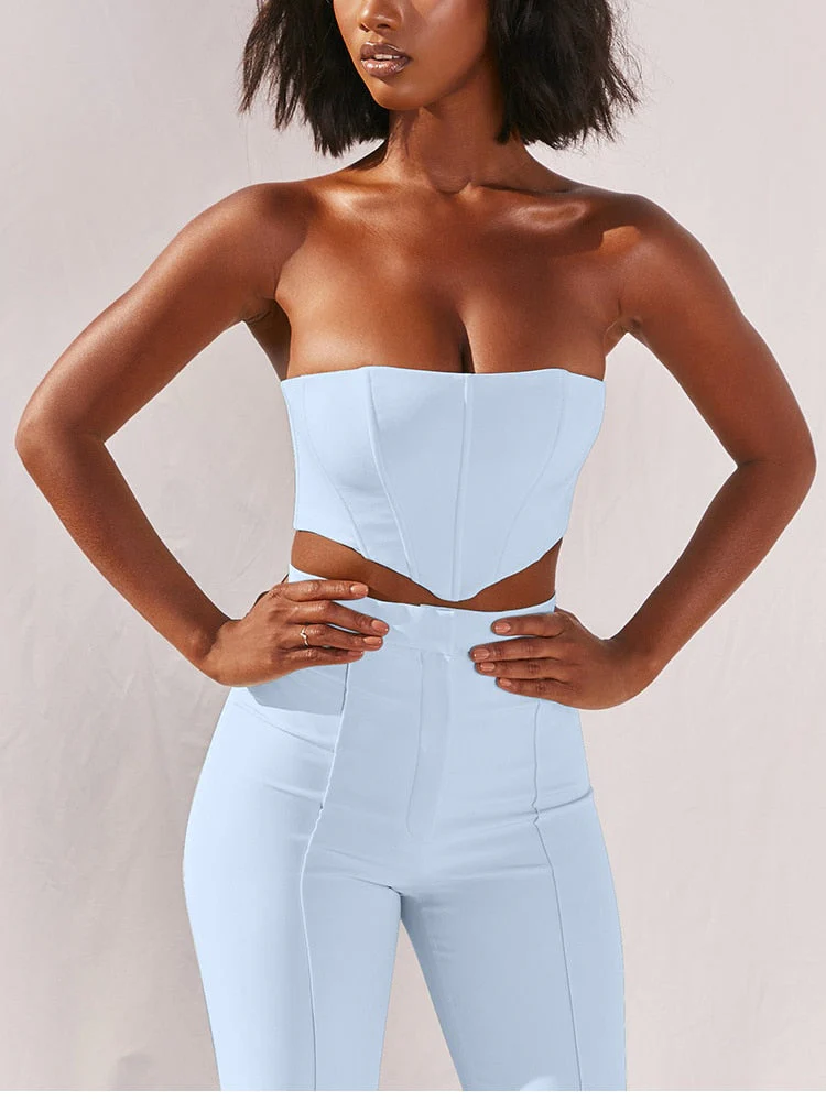 deanwangkt  Boned Corset Crop Top Two Piece Pants Set Women Strapless High Waist Flare Trousers 2 Piece Set Summer Long Suit Tracksuit - Deanwangkt