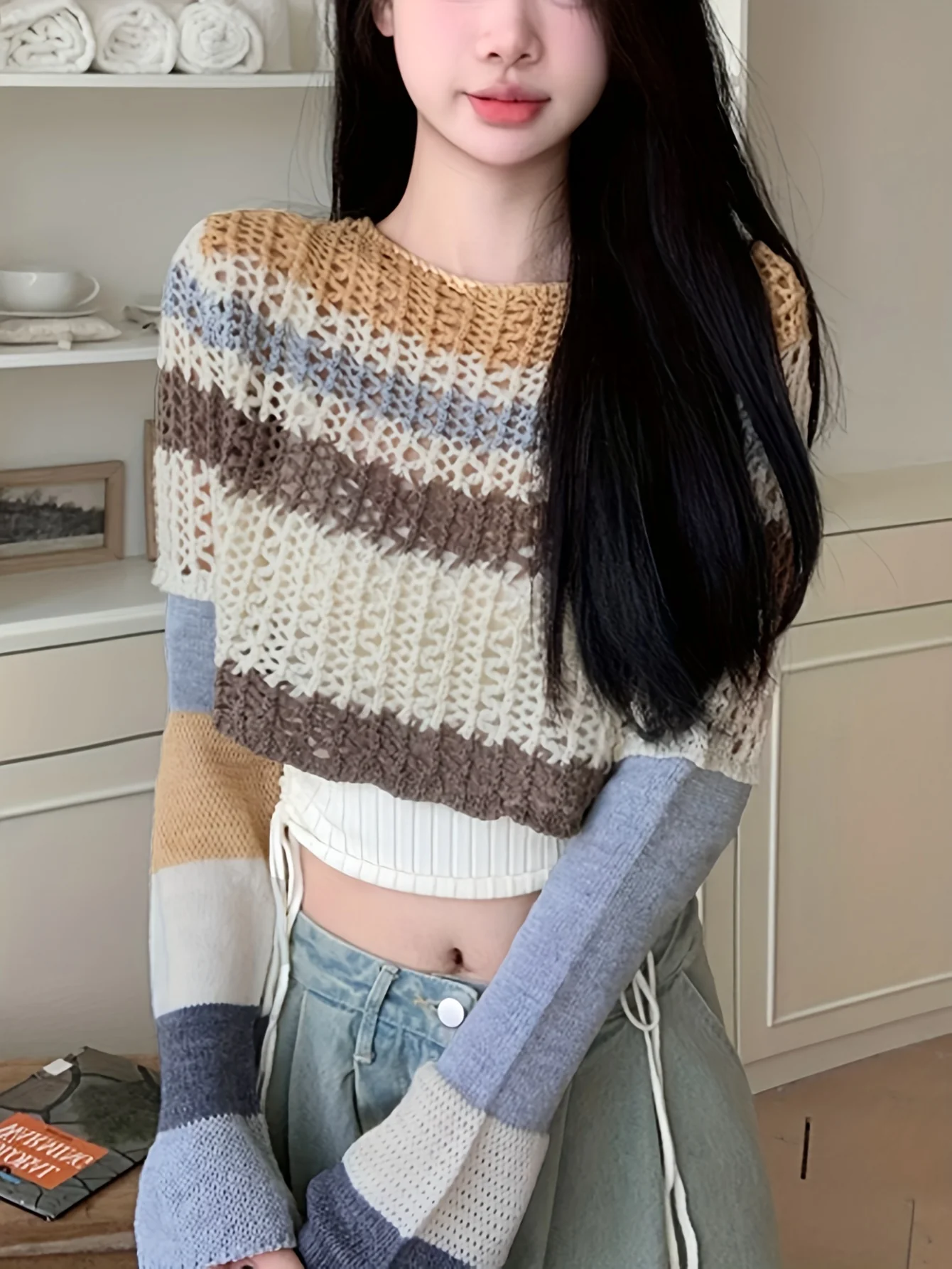 deanwangkt Colorful Striped Hollow Crochet Sweater, Casual Long Sleeve Crop Top For Spring & Fall, Women's Clothing - Deanwangkt