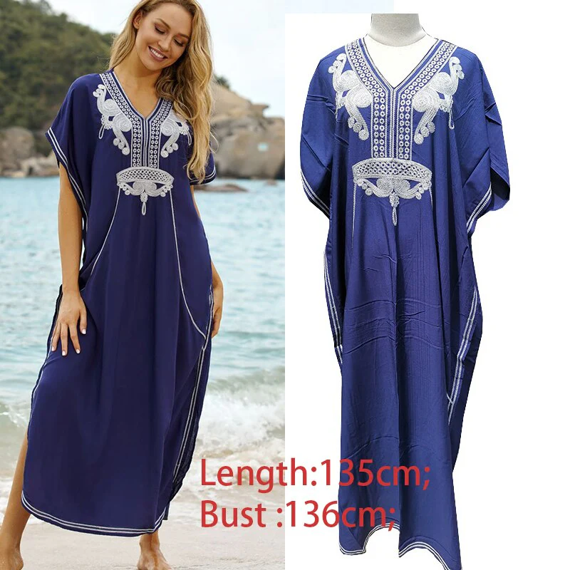 deanwangkt White Maxi Dress Swimsuit Cover Up V Neck Gold Embroidery Long Dress Robe Plage Kaftan Sarong Beachwear Pareo Cover-up - Deanwangkt