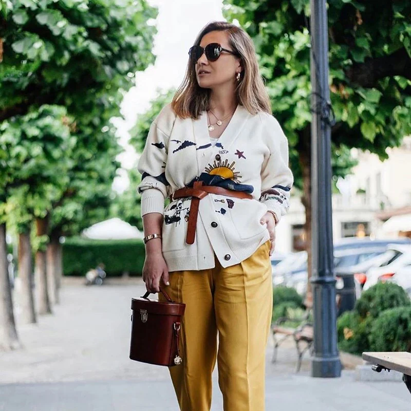 deanwangkt Autumn White Cotton Knitted Cardigan Sweater Women Coat  Print V-neck deanwangkt Pockets Female Jumpers Casaul Buttons Women Tops - Deanwangkt