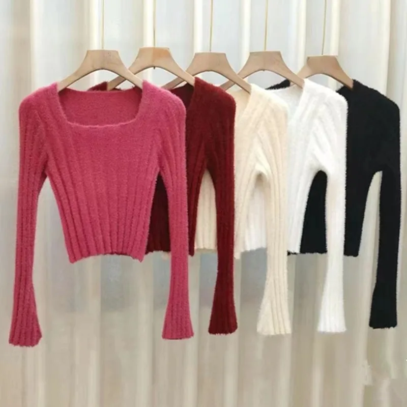 deanwangkt Autumn Winter Knitting Crop Tops Women Skinny Sweaters Bottom Shirts Fashion Female Long Sleeve Pullover Casual Knitted Sweater - Deanwangkt