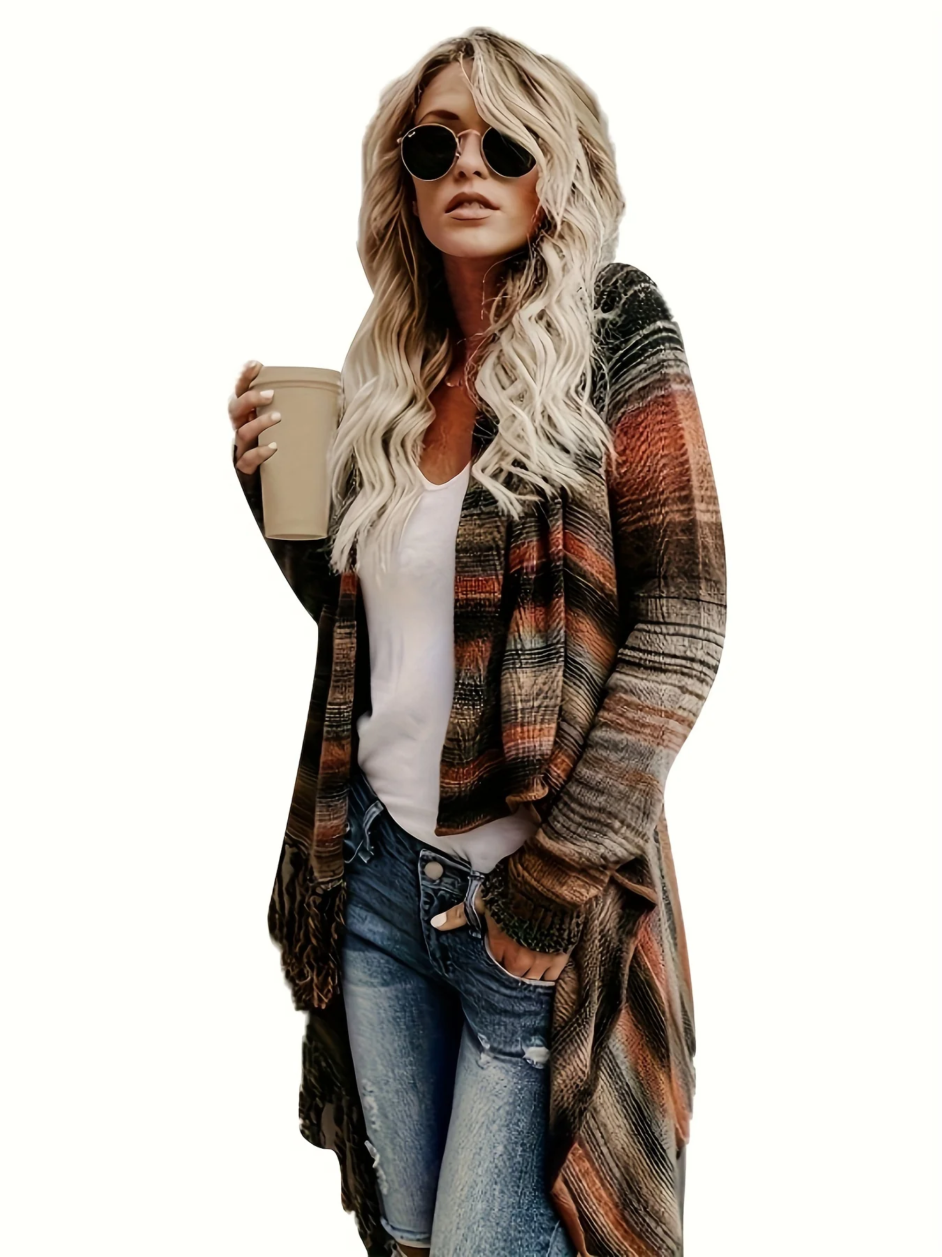 Striped Open Front Knit Shawl Cardigan, Elegant Tassel Trim Asymmetrical Mid Length Stylish Sweater, Women's Clothing - Deanwangkt