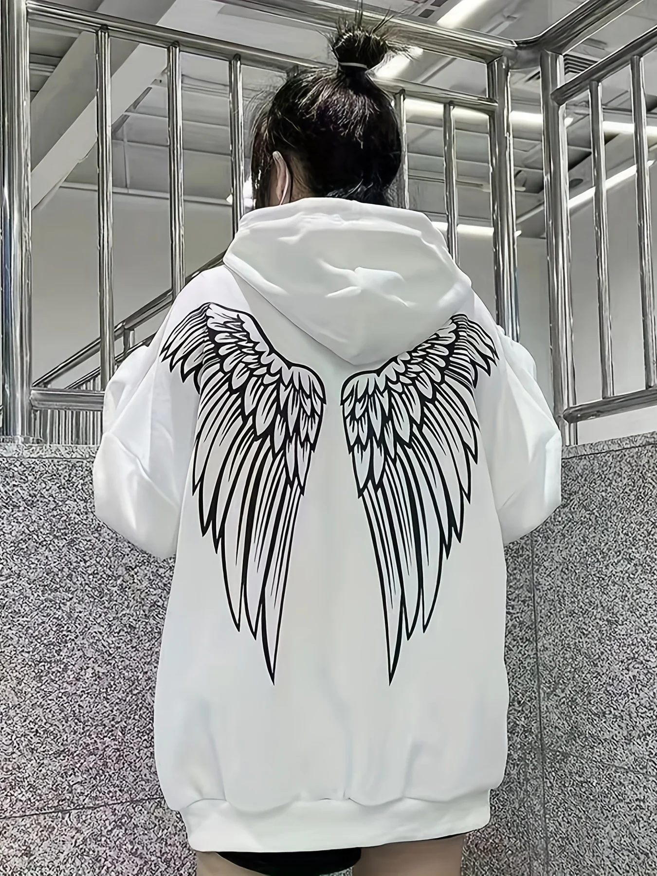 Wings Print Back Hoodies, Casual Drawstring Kangaroo Pocket Sweatshirt, Women's Clothing - Deanwangkt