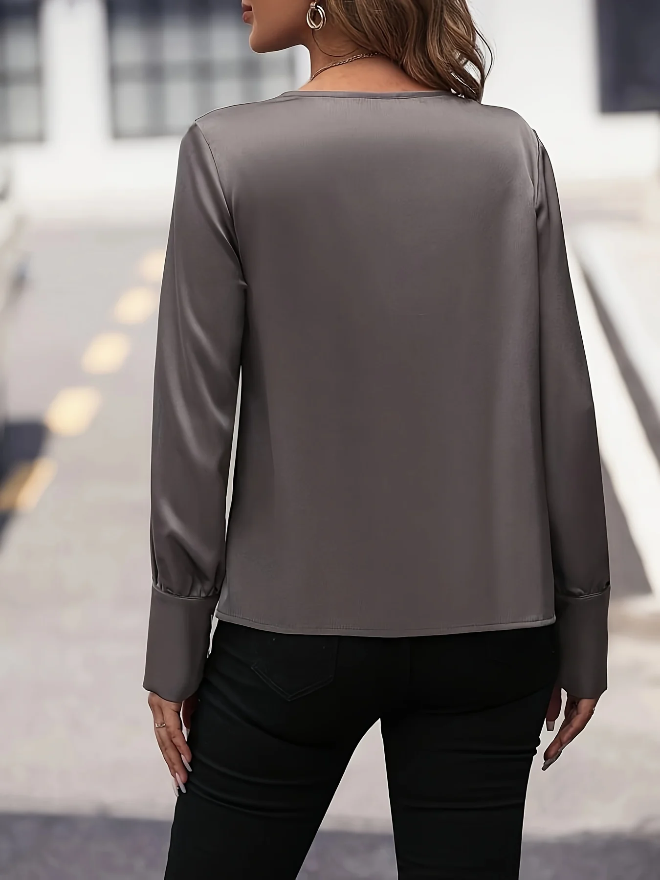 deanwangkt Solid Cowl Neck Blouse, Elegant Long Sleeve Blouse For Spring & Fall, Women's Clothing - Deanwangkt