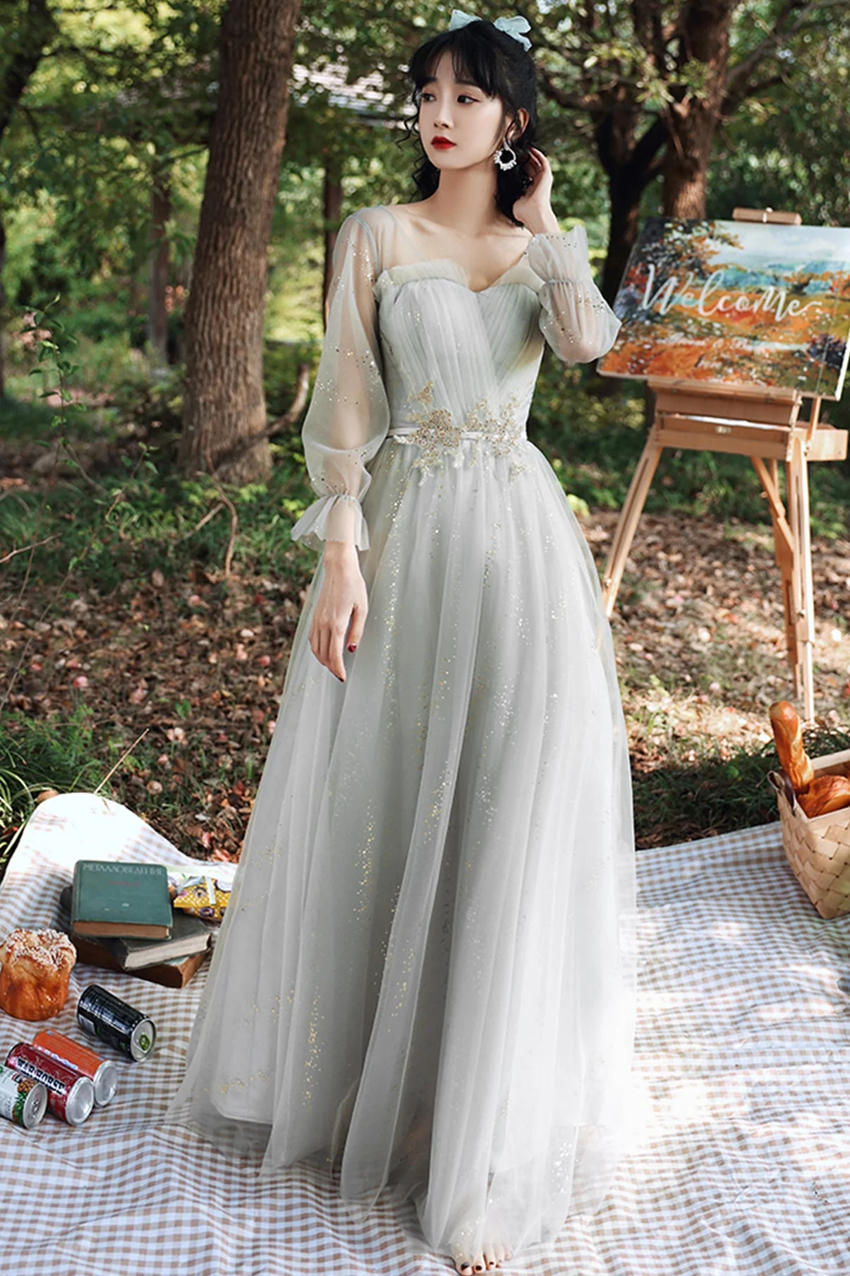 solvbao Grey Lace Long Prom Dresses, A-Line Evening Dresses - Deanwangkt