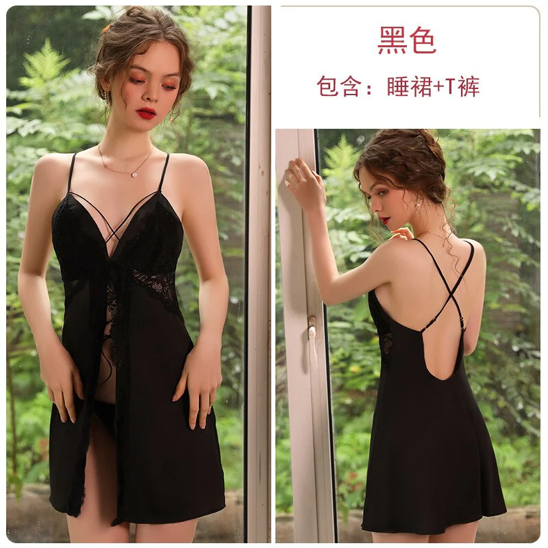 deanwangkt Intimate Lingerie Dress Women Nightgowns Spaghetti Strap V Neck Backless Lace Up Black Nightdress Nightwear Sleepwear Room Wear - Deanwangkt
