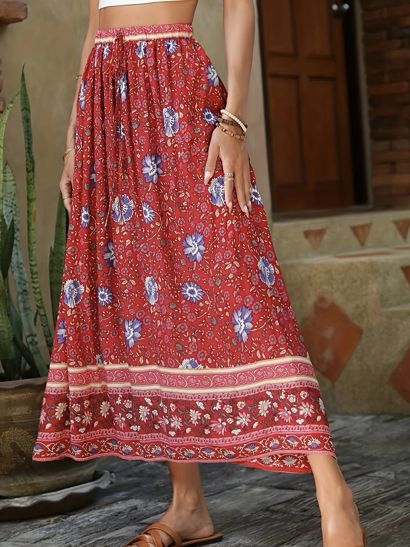 Floral Print Drawstring Waist Skirt, Boho Skirt For Spring & Summer, Women's Clothing - Deanwangkt