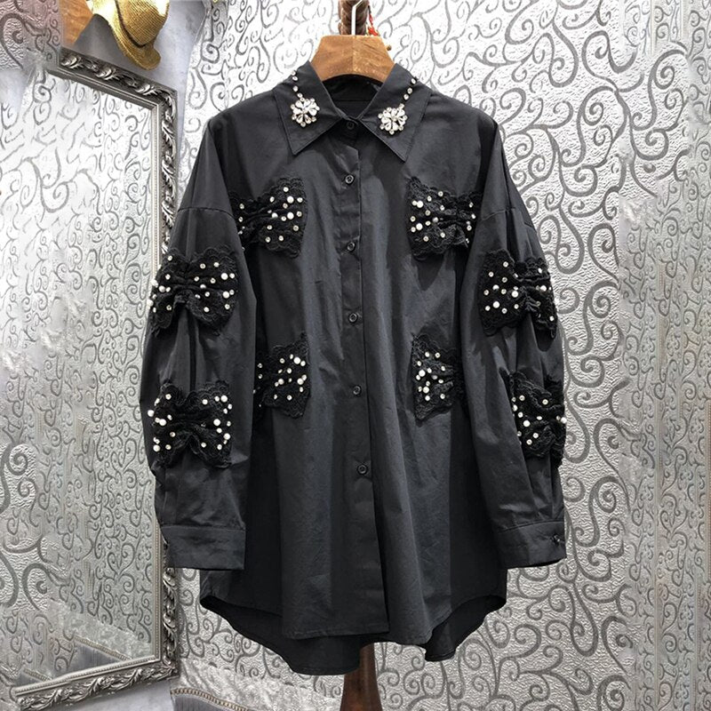 deanwangkt Korean Fashion Patchwork Bowknot Shirt For Women Lapel Lantern Sleeve Button Through Blouse Female Clothing Spring - Deanwangkt