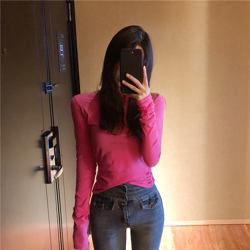 Wenkouban Long Sleeve Tops For Women Solid Cotton Tee Shirt Femme Korean Fashion Clothing Casual Tshirts Slim T-Shirt Tees Spring Autumn - Deanwangkt