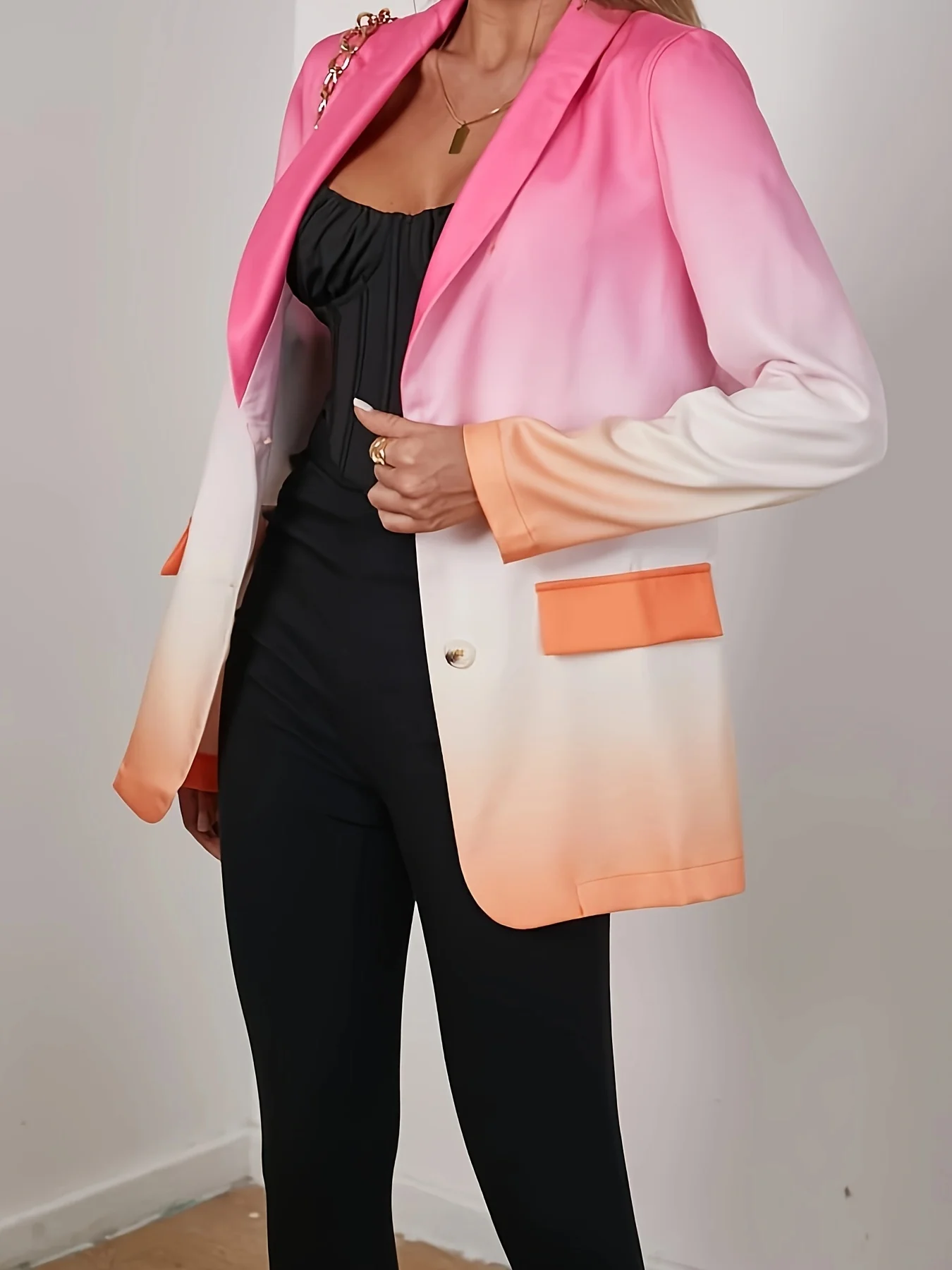deanwangkt-1 Ombre Button Front Blazer, Elegant Long Sleeve Lapel Blazer For Office & Work, Women's Clothing - Deanwangkt