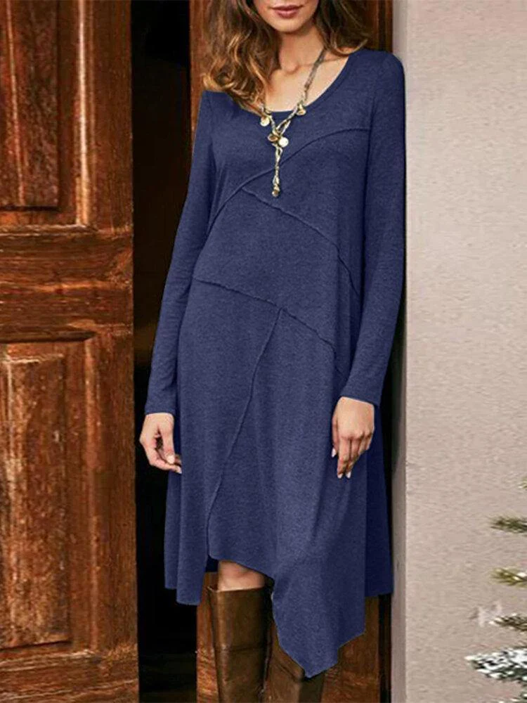 deanwangkt Women Solid Color Long Sleeve Asymmetrical Hem Casual Dresses - Deanwangkt
