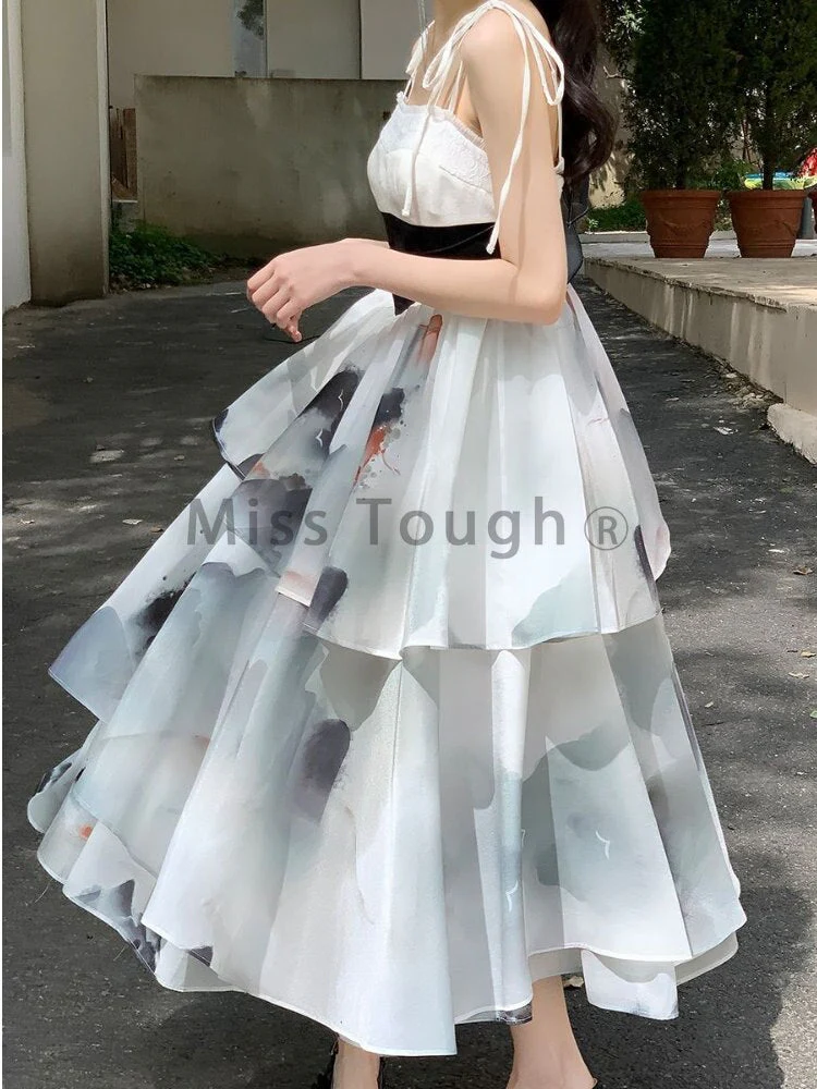 Joskka Vintage Elegant Strap Dress Women Print Korean Style Designer Party Midi Dress High Waist Casual France Fairy Dress Female - Deanwangkt