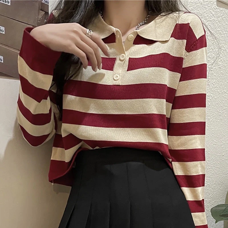 Wenkouban Women's  Spring Fashion Knitting T Shirts Turn-Down Collar Casual Short Tops Female Button Striped Loose T-Shirt Tees Femme - Deanwangkt