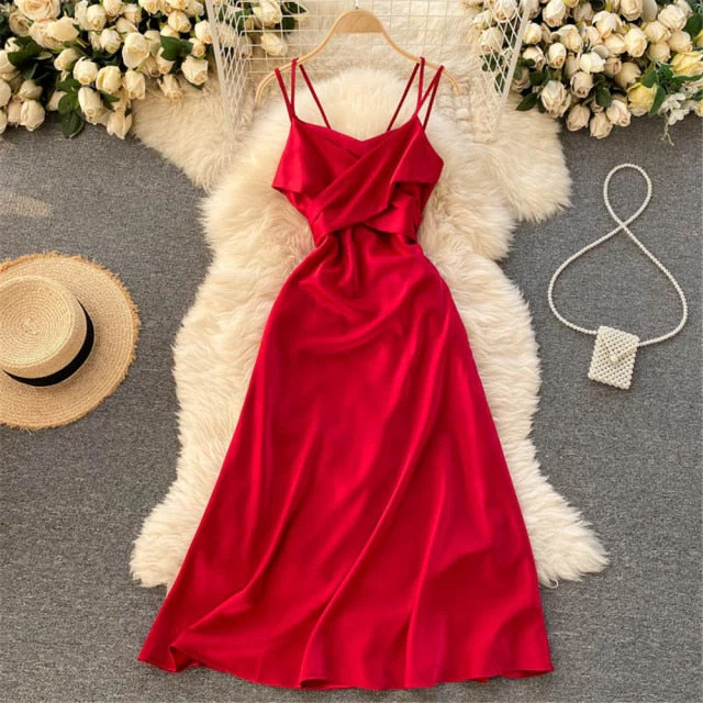 Women Sexy Satin Evening Dress Summer Off Shoulder High Waist Party Long Dresses Female Elegant Beach Robe Vestidos - Deanwangkt