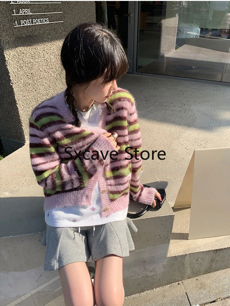 deanwangkt  Autumn Faux Fure Knitted Cardigan Women Casual Long Sleeve Button Kawaii Clothing Striped Sweater Female Korean Style Tops - Deanwangkt