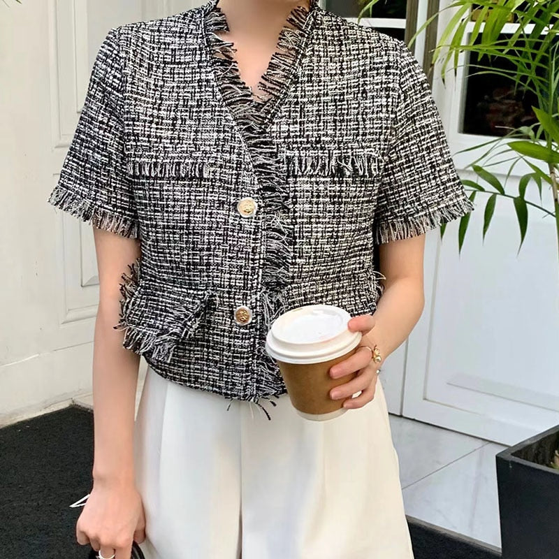 deanwangkt Korean Tassel Weave Short Coat Women Fashion Street Single-Breasted Tweed Outerwear Woman Summer Thin V-Neck Short Sleeve Jacket - Deanwangkt