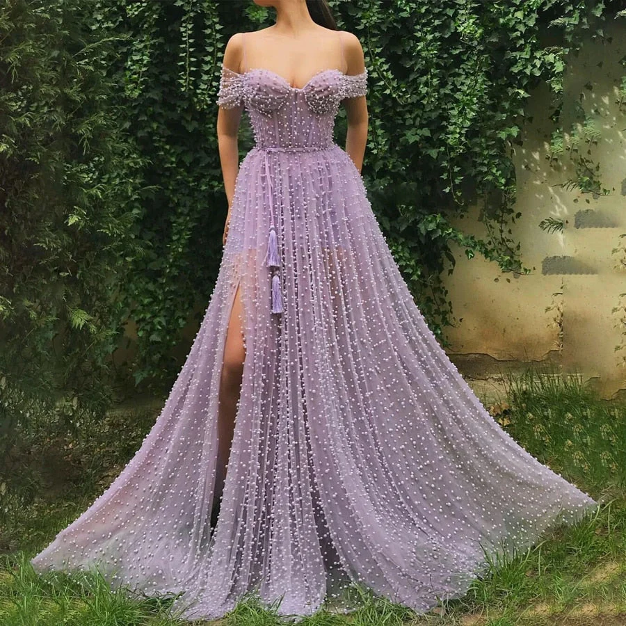 Handmade Heavy Pearls Sweetheart A-line Lilac Prom Dresses  High Slit Women Formal Evening Gowns robes de soirée - Deanwangkt