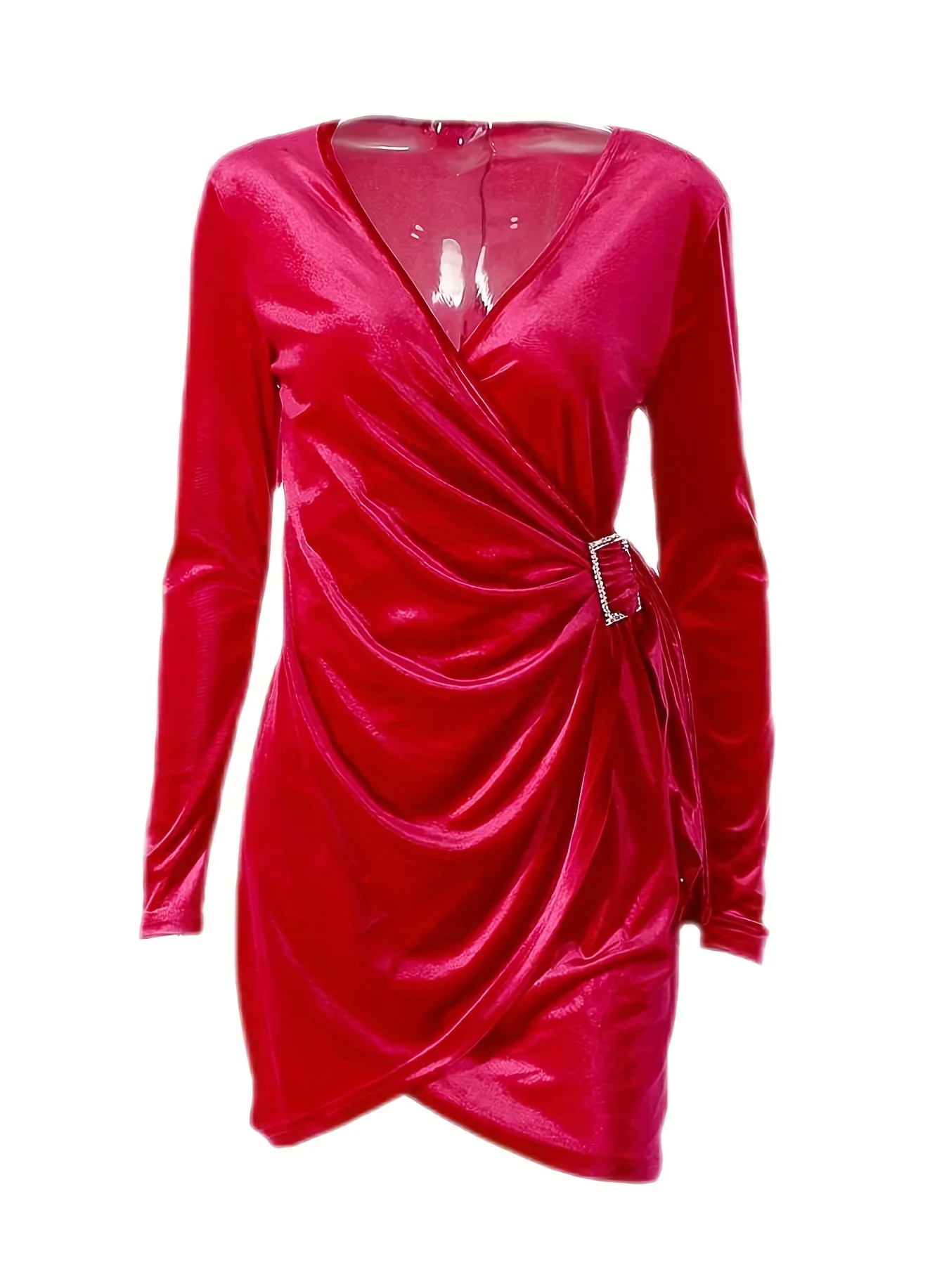 deanwangkt-1 Solid Plunging Wrap Dres, Sexy Long Sleeve Bodycon Party Club Dress, Women's Clothing - Deanwangkt