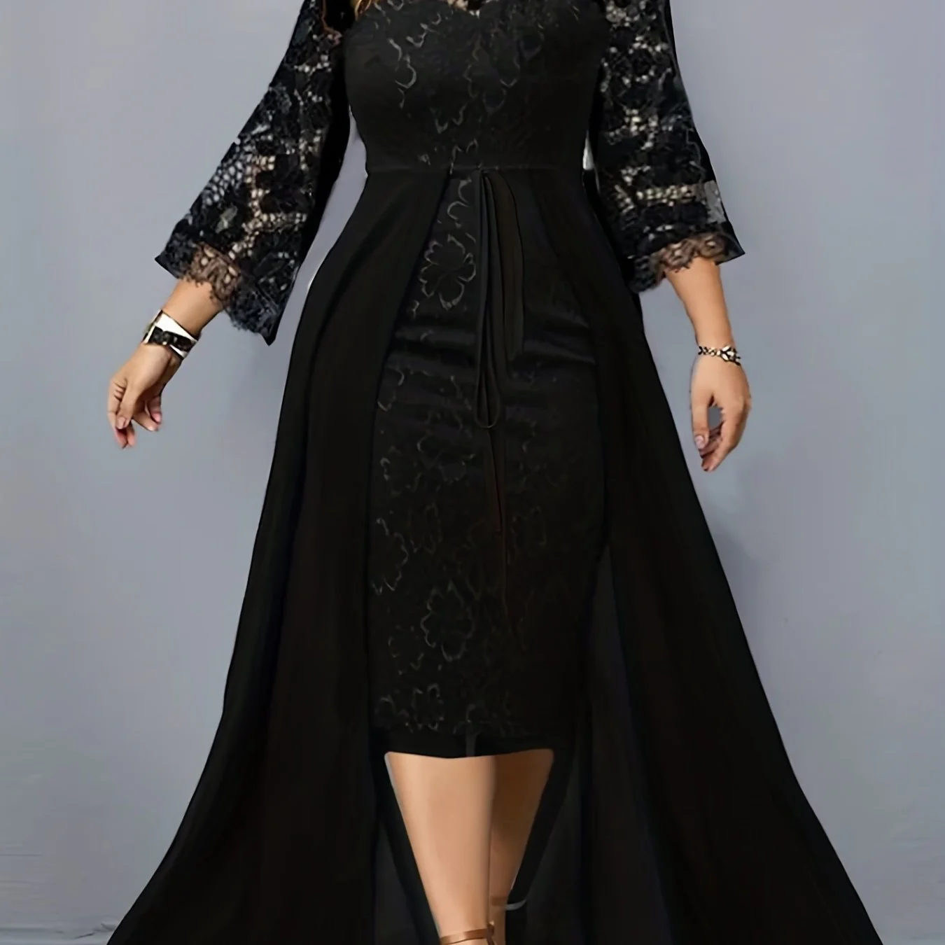 deanwangkt Plus Size Event Dress, Women's Plus Floral Jacquard Contrast Lace Cloak Design Layered Cocktail Dress - Deanwangkt