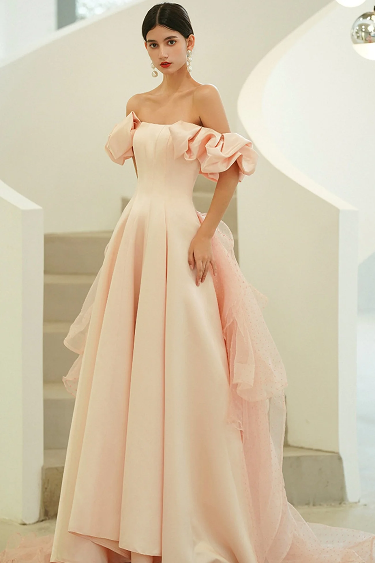 solvbao Pink Satin Long Prom Dresses, A-Line Off the Shoulder Evening Party Dresses - Deanwangkt