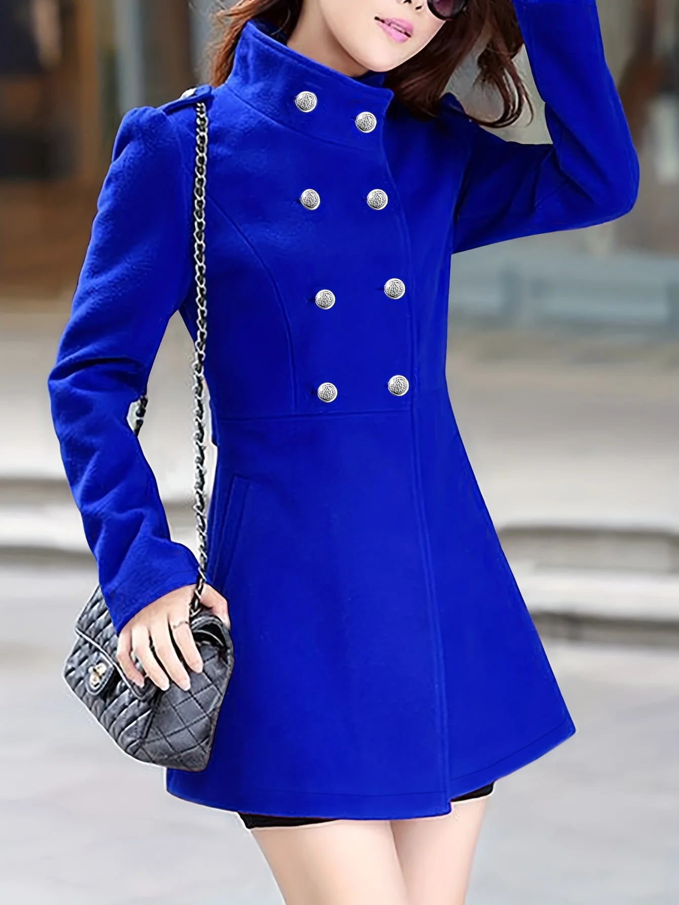 deanwangkt Double Breasted Flared Hem Coat, Casual Solid Long Sleeve Outerwear, Women's Clothing - Deanwangkt