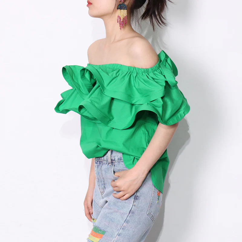 deanwangkt Ruffle Patchwork Short Blouse For Women Slash Neck Casual Solid Shirt Female Fashion New Clothing  Summer New - Deanwangkt