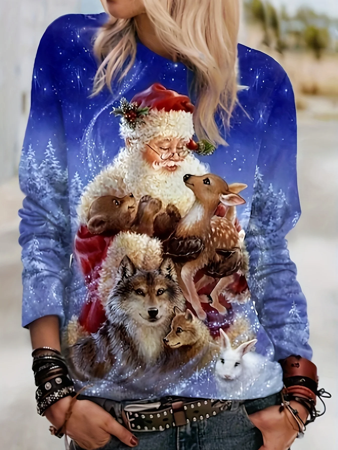 deanwangkt-1 Christmas Santa & Elk Print Crew Neck T-Shirt, Casual Long Sleeve Top For Spring & Fall, Women's Clothing - Deanwangkt