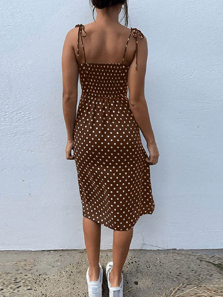 deanwangkt Dresses Sundress Summer Women Causal Polka Dot Sleeveless High Pleated elastic waist V-Neck Beach Dress Vestidos De Verano - Deanwangkt