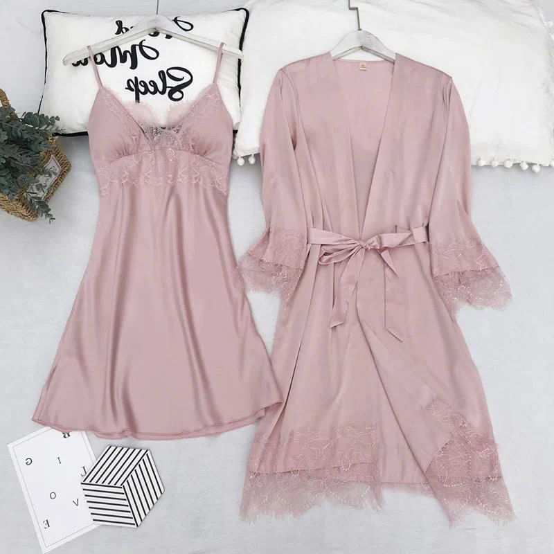 5PCS Pajamas Set Silk Satin Womens Lace Nightwear Spring Strap Pyjamas Suit Female Lounge Sleepwear with Chest Pads Home Wear - Deanwangkt