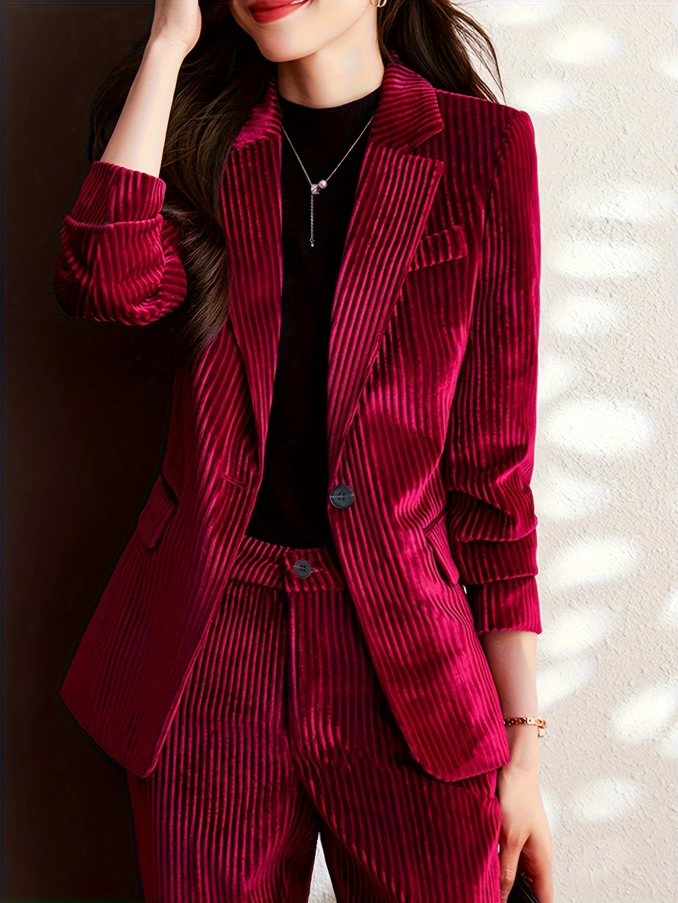 Casual Solid Two-piece Set, Notch Collar Long Sleeve Blazer & Button Front Pants Outfits, Women's Clothing - Deanwangkt