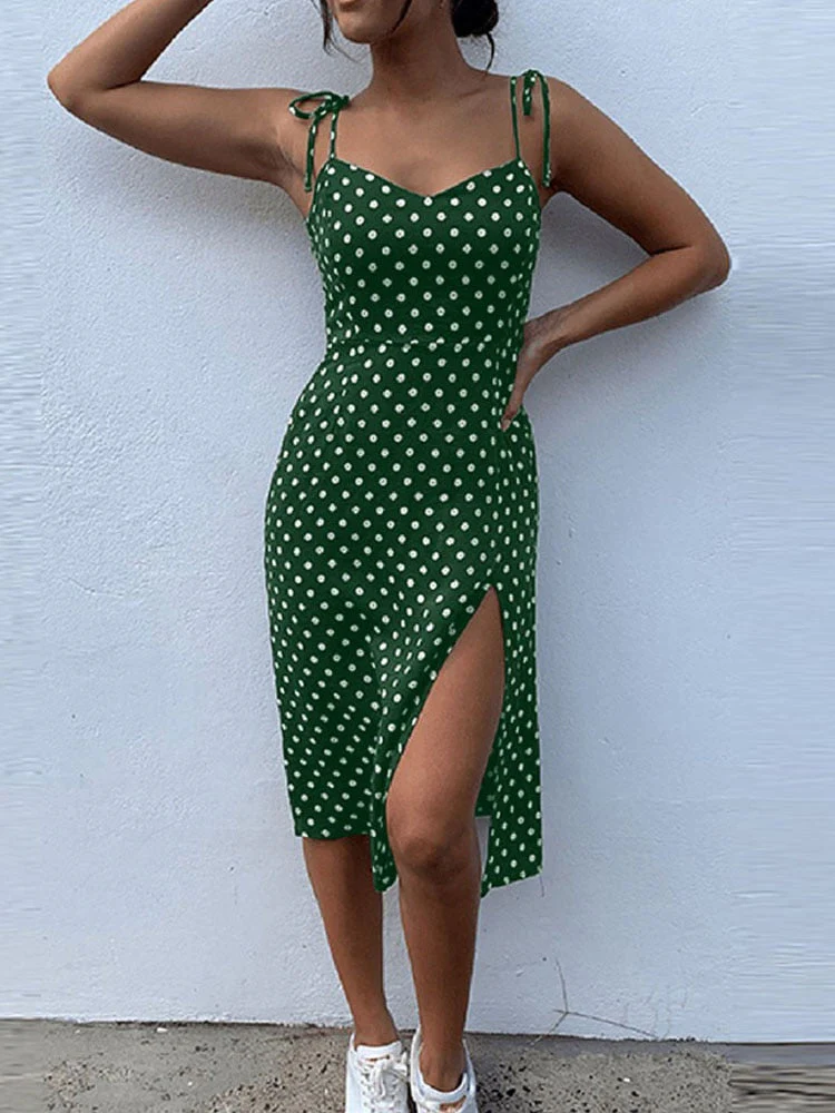 deanwangkt Dresses Sundress Summer Women Causal Polka Dot Sleeveless High Pleated elastic waist V-Neck Beach Dress Vestidos De Verano - Deanwangkt