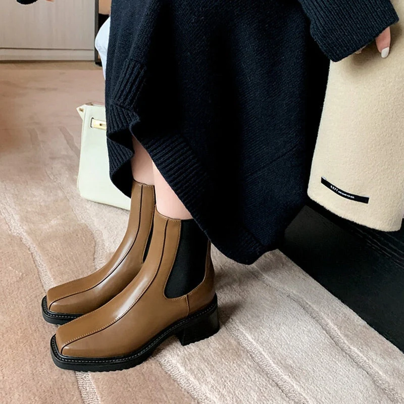 deanwangkt Autumn Shoes     Autumn Women Boots Square Toe Chunky Heel Boots Split Leather Shoes Women Solid Short Boots for Women Fashion Fall Shoes - Deanwangkt
