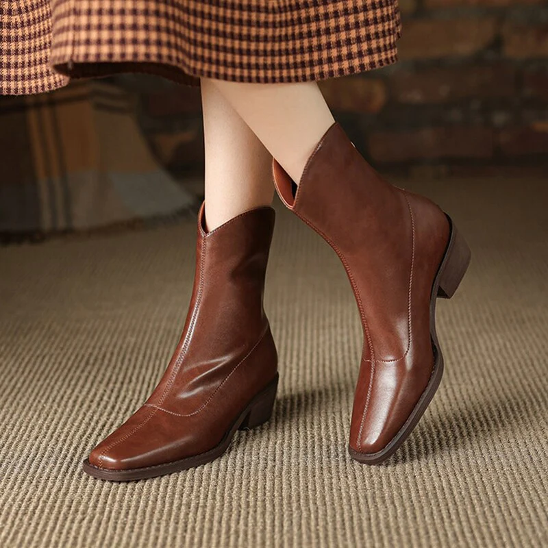 deanwangkt  fashion inspo   NEW Fashion Women Shoes Split Leather Boots Square Toe Chunky Heel Shoes Winter Zipper Western Boots Women Solid High Heel Boots - Deanwangkt