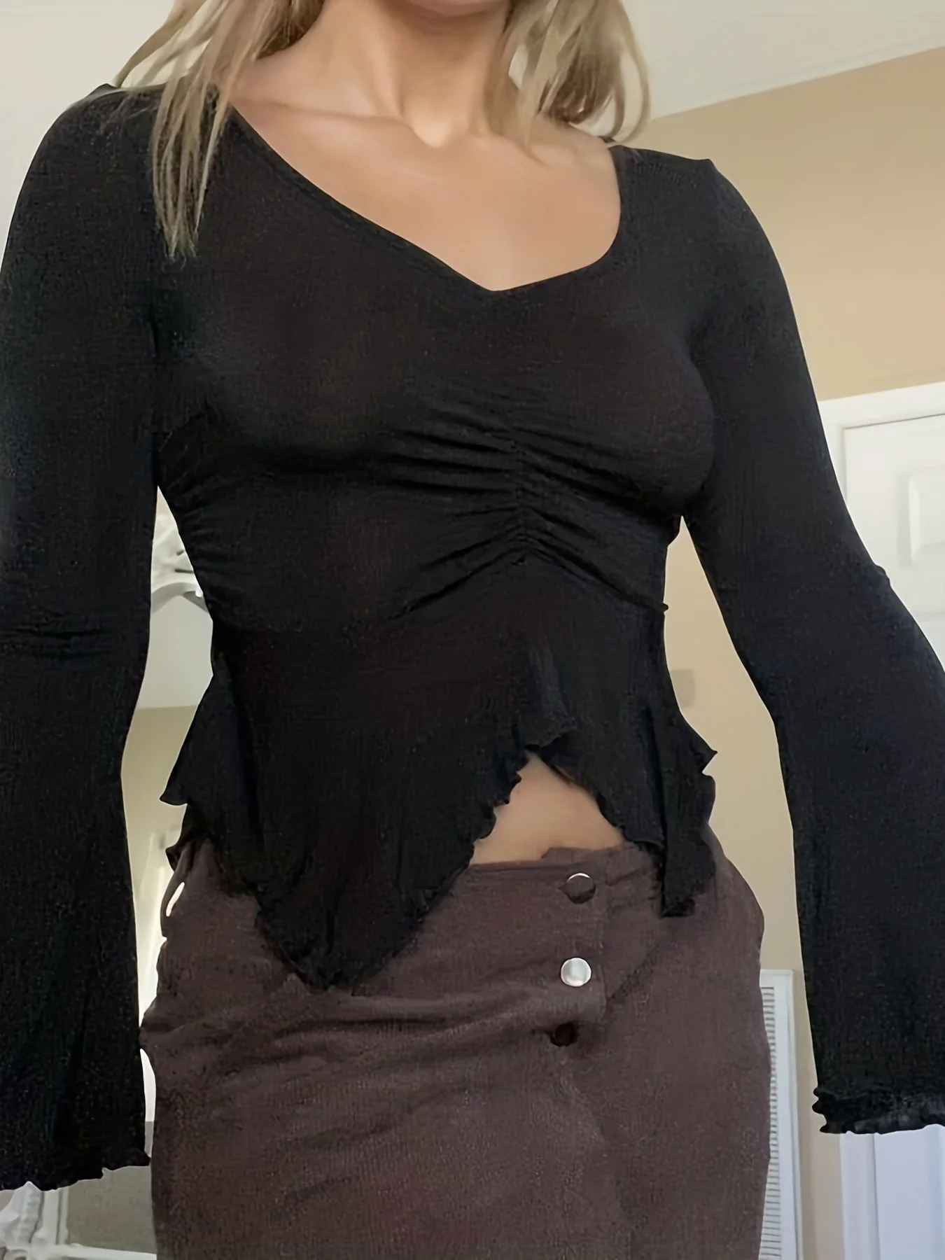 deanwangkt  Lettuce Trim Cinched Waist Ruched Top, Asymmetric Hem Bell Sleeve Top For Spring & Fall, Women's Clothing - Deanwangkt